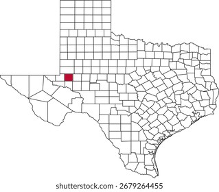 Um mapa vetorial do Texas destacando o Condado de Ector. Ideal para estudos geográficos, relatórios regionais e projetos de visualização de dados.

