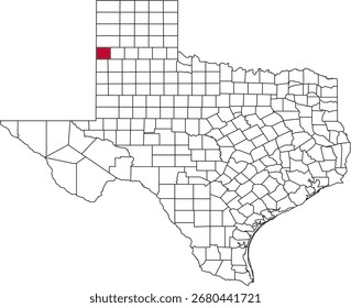 Un mapa de Vector de Texas destacando el condado de Parmer. Ideal para estudios geográficos, informes regionales y proyectos de visualización de datos.

