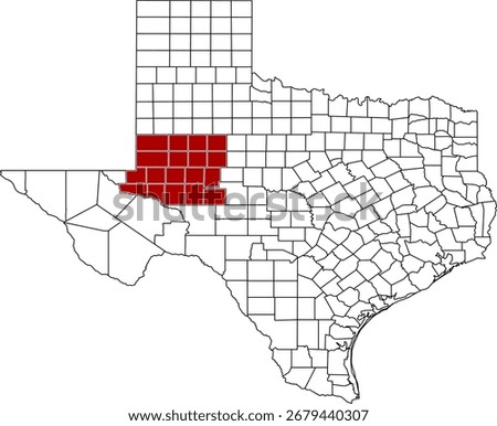 A vector map of Texas highlighting the Permian Basin and Big Bend Area regions.  Ideal for geographical studies, regional reports, and data visualization projects.

