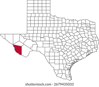Un mapa de Vector de Texas destacando el condado de Presidio. Ideal para estudios geográficos, informes regionales y proyectos de visualización de datos.

