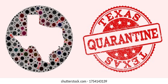 Vector map of Texas State collage of SARS virus and red grunge quarantine seal stamp. Infection cells attack the lockdown territory from external zone.