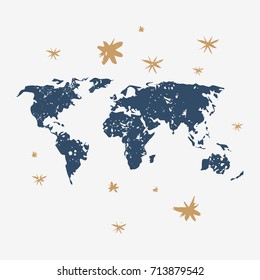 Vector map with texture and stars. Label, poster, postcard, print, elements for design and other.