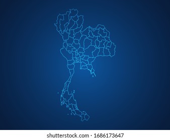 Mapa vectorial de Tailandia línea azul abstracta escala sobre fondo oscuro.