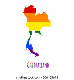 Vector map of Thailand in LGBT (lesbian, gay, bisexual, and transgender) flag colors and GAY Thailand caption on white background. Rainbow flag with denim textile texture.