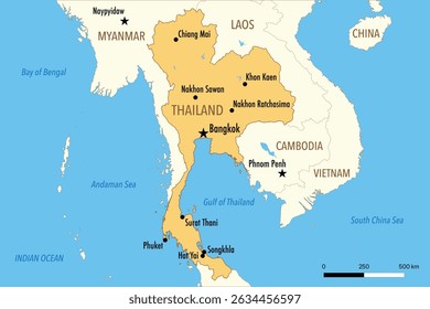 Vector Map of Thailand with Major Cities and Neighboring Countries – Editable Illustration