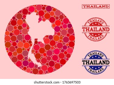 Mapa vectorial del mosaico tailandés de puntos de círculo y sello de sello rojo arañado. Mapa circular de esténcil del collage tailandés diseñado con círculos de varios tamaños y tintes de color rojo.