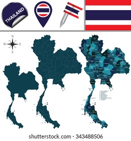 Mapa vectorial de Tailandia con divisiones nombradas e iconos de viaje