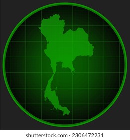Mapa vectorial de Tailandia en la pantalla del radar con red eléctrica. Plantilla de Asia país en el radar de monitoreo para patrones, informes, antecedentes. Límite del concepto de tecnología en Tailandia para noticias, infografía, ejército