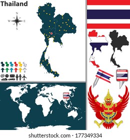 Vector map of Thailand with regions, coat of arms and location on world map