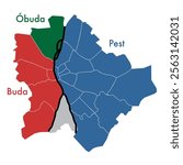 Vector map of the thee cities that comprise Budapest: Buda, Obuda and Pest