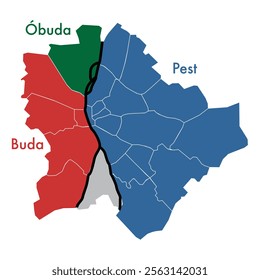 Vector map of the thee cities that comprise Budapest: Buda, Obuda and Pest