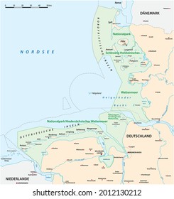 Vector map of the three Wadden Sea National Parks in german language, Germany