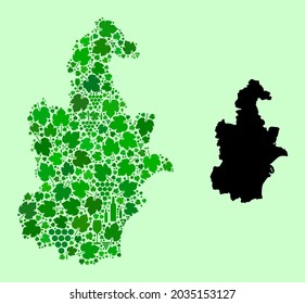Mapa vectorial de la municipalidad de Tianjin. Combinación de hojas de uva verde, botellas de vino. Mapa del mosaico del municipio de Tianjin creado a partir de botellas, uvas, hojas verdes.