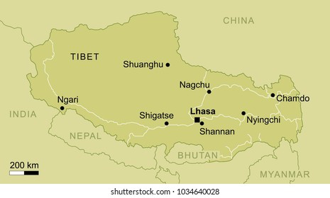 vector map of Tibet region with important cities and roads Lhasa geography cartography