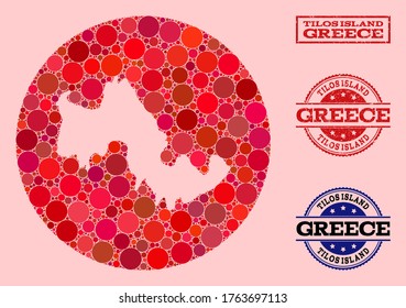 Vector map of Tilos Island collage of round elements and red scratched seal stamp. Subtraction round map of Tilos Island collage created with circles in different sizes, and red color tones.