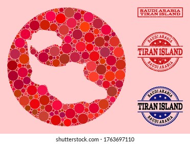 Vector map of Tiran Island mosaic of circle dots and red grunge stamp. Hole circle map of Tiran Island collage created with circles in variable sizes, and red color tinges.