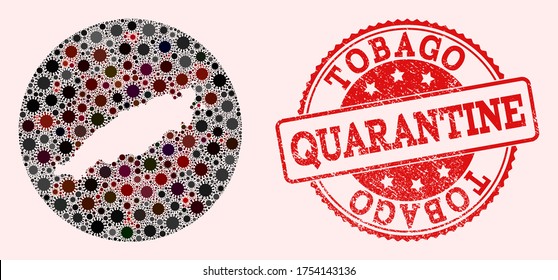 Vektorplan der Tobago Island Kollektion des SARS-Virus und roter Grunge-Quarantänestempel. Infektionszellen greifen das Quarantänegebiet aus dem Weltraum an.