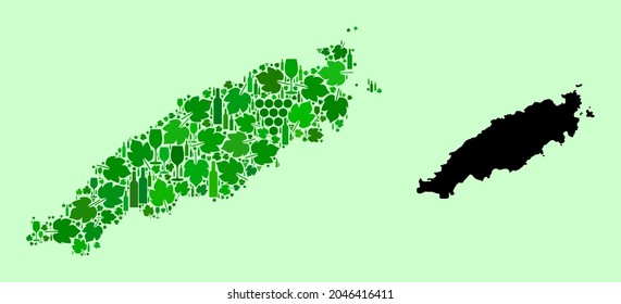 Vector Map of Tobago Island. Collage of green grape leaves, wine bottles. Map of Tobago Island collage formed with bottles, berries, green leaves. Abstract collage designed for bars agitprop.