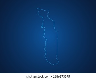 Mapa vectorial de la línea azul abstracta de Togo escala sobre fondo oscuro.
