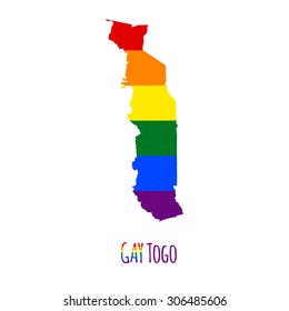Vector map of Togo in LGBT (lesbian, gay, bisexual, and transgender) flag colors and GAY Togo caption on white background. Rainbow flag with denim textile texture.