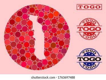 Vector map of Togo mosaic of round blots and red watermark stamp. Stencil round map of Togo collage composed with circles in various sizes, and red color tinges.