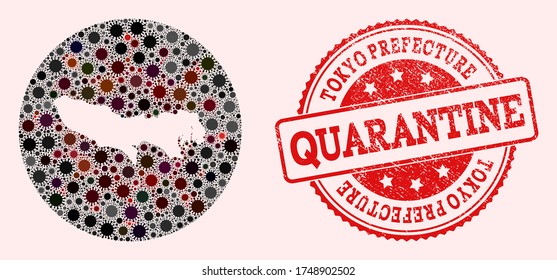 Vector map of Tokyo Prefecture collage of covid-2019 virus and red grunge quarantine seal. Infection cells attack the lockdown territory from out space.