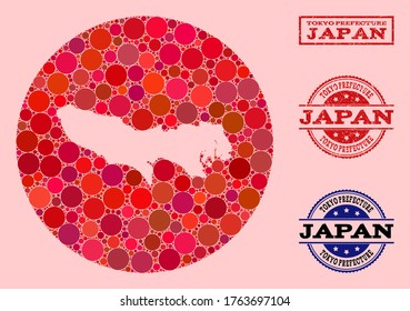 Vector map of Tokyo Prefecture collage of circle spots and red scratched seal. Subtraction round map of Tokyo Prefecture collage designed with circles in different sizes, and red shades.