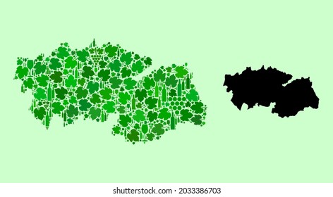 Vector Map of Toledo Province. Mosaic of green grape leaves, wine bottles. Map of Toledo Province mosaic created from bottles, grapes, green leaves.