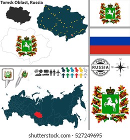 Vector map of Tomsk Oblast with coat of arms and location on Russian map