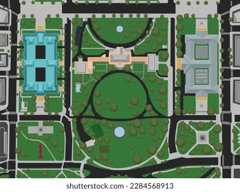 Vector map or Top view of the White House, Eisenhower Executive Office Building, the U.S. Treasury Department, monument, and park. This is a vector of the White House plan and surrounding buildings