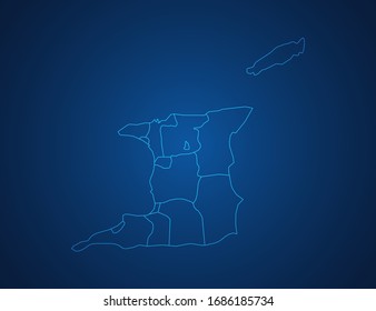 Vector map of Trinidad and Tobago abstract blue line scales on dark background.