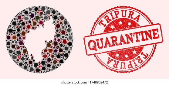 Vector map of Tripura State collage of flu virus and red grunge quarantine seal stamp. Infection cells attack the quarantine territory from outside.