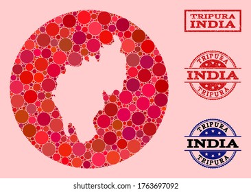 Mapa vectorial del collage del estado de Tripura de elementos de círculo y sello de sello rojo de la foca de grunge. Mapa circular de esténcil del collage del estado de Tripura formado con círculos de tamaños variables y tonos rojos.