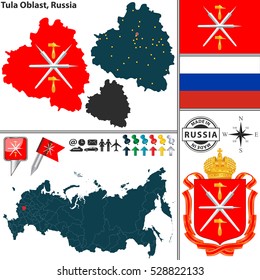 Vector map of Tula Oblast with coat of arms and location on Russian map