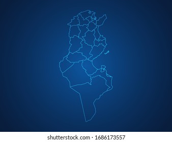 Mapa vectorial de Túnez línea azul abstracta escala sobre fondo oscuro.