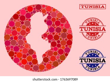 Vector map of Tunisia collage of spheric dots and red scratched seal stamp. Hole round map of Tunisia collage designed with circles in various sizes, and red color tints.