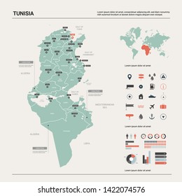 Vector map of Tunisia. Country map with division, cities and capital Tunis. Political map,  world map, infographic elements. svg