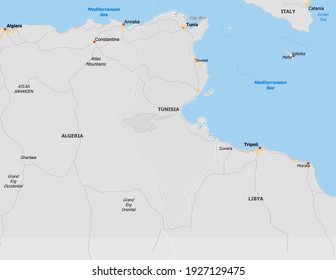 Vector Map Of Tunisia. Map Is Drawn In High Detail And For Clarity Shows Only Major Cities Tunis, Sousse. Country Is Drawn With Neighboring Countries.