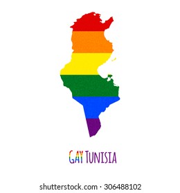 Vector map of Tunisia in LGBT (lesbian, gay, bisexual, and transgender) flag colors and GAY Tunisia caption on white background. Rainbow flag with denim textile texture.
