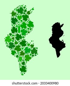 Vector Map of Tunisia. Mosaic of green grape leaves, wine bottles. Map of Tunisia mosaic composed from bottles, grapes, green leaves. Abstract mosaic is useful for marketing posters.
