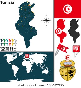 Vector map of Tunisia with regions, coat of arms and location on world map
