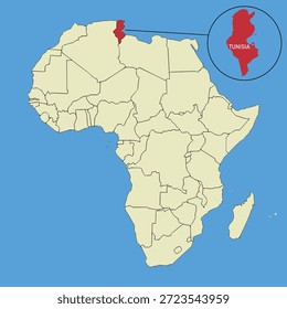 Mapa de Vector de Túnez, ilustración de silueta de mapa de Vector aislado en el mapa de África. Estado del continente africano