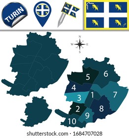 Vector map of Turin, Italy with named subdivisions and travel icons