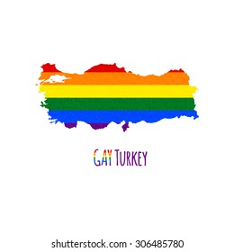 Vector map of Turkey in LGBT (lesbian, gay, bisexual, and transgender) flag colors and GAY Turkey caption on white background. Rainbow flag with denim textile texture.