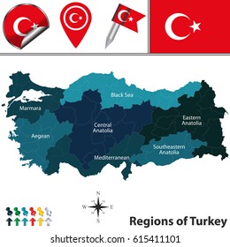 Vector map of Turkey with named regions and travel icons
