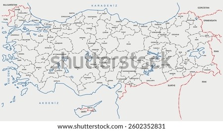 Vector map of Turkey with provinces, neighboring countries, and water bodies. Detailed political and geographical map with borders, rivers, and cities. Perfect for educational, infographic, and travel