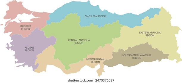 Türkische Vektorgrafik mit Regionen und geografischen Unterschieden. Editierbare und klar beschriftete Ebenen.