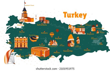 Vector map of Turkey. Sights. Historical places. Tourism. Cities. Guide. Ephesus, Cappadocia, Pamukkale, Mount Nemrut, Ararat, Sumela Monastery, Aspendos, Maiden's Tower, Istanbul, Oludeniz.