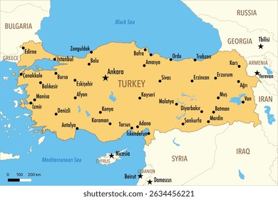 Mapa vetorial da Turquia (Turquia) com as principais cidades e países vizinhos - Ilustração editável
