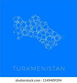 vector map of turkmenistan filled with white circles of different sizes and degrees of transparency on blue background